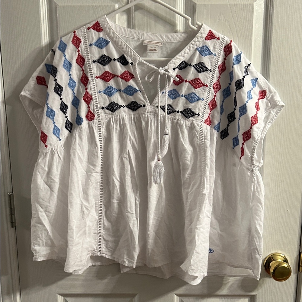 Ariat White Blouse with Red and Blue Diamond Embroidery